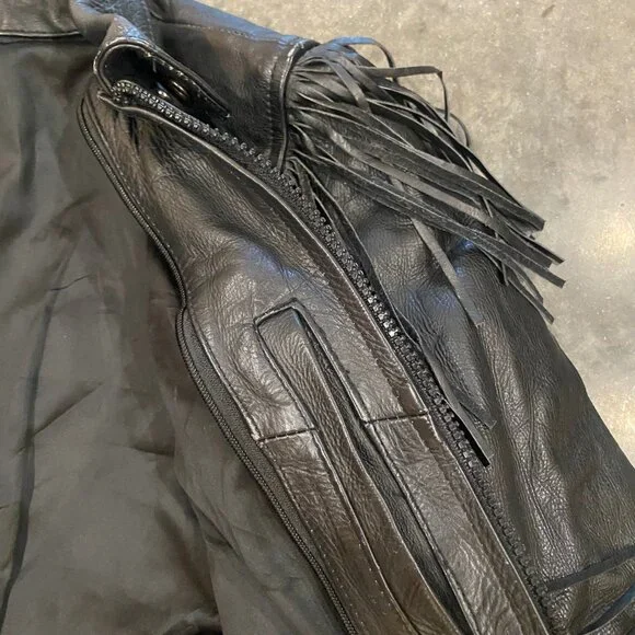 Black Leather Vintage Biker Jacket with Fringe and Rose Detail - Picture 9 of 13
